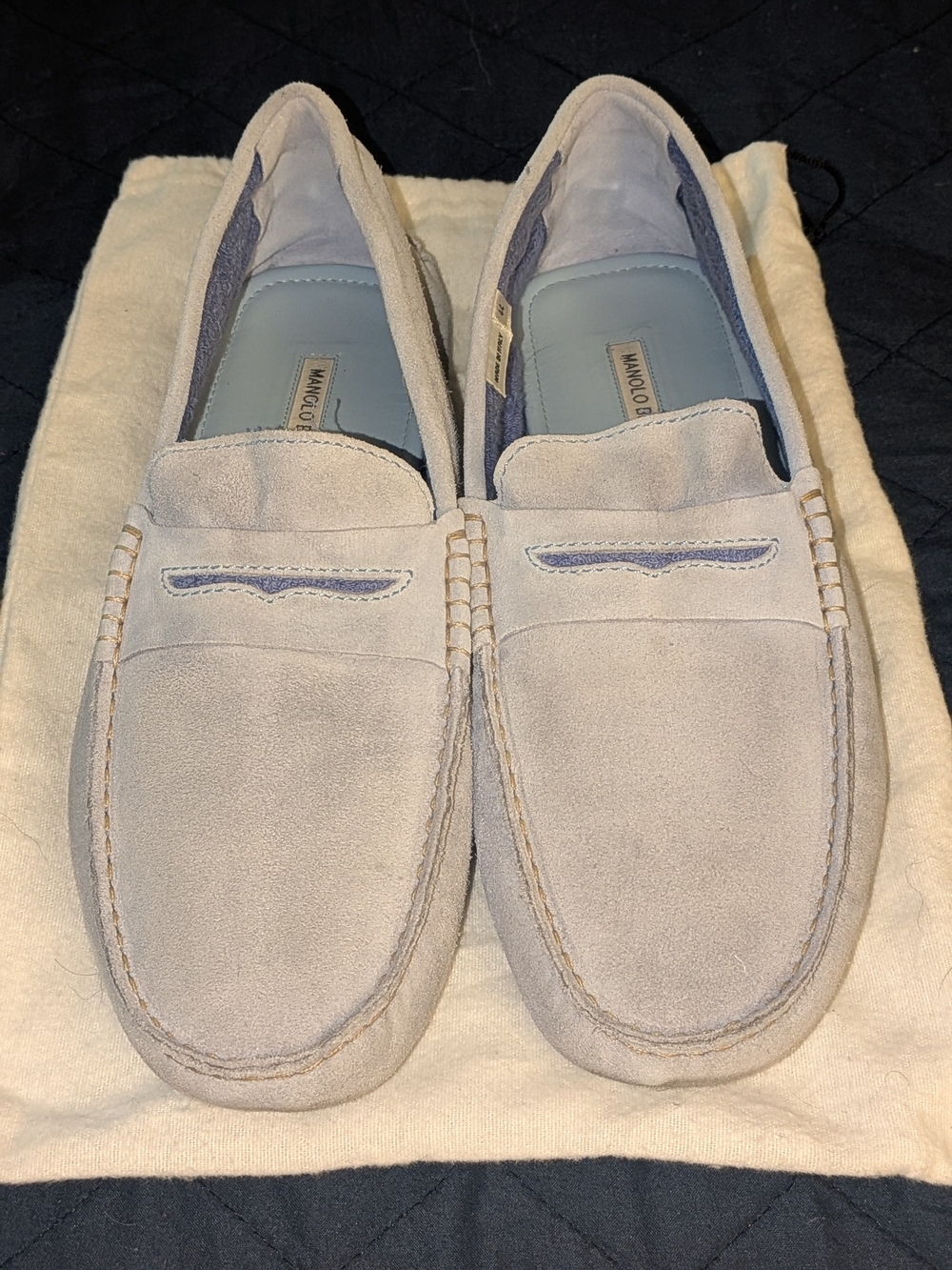 Manolo Blahnik Light Gray Suede Penny Loafers